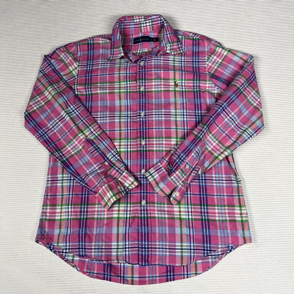 Ralph Lauren Shirt Mens L Pink Plaid Long Sleeve Button Up Pony Logo Casual